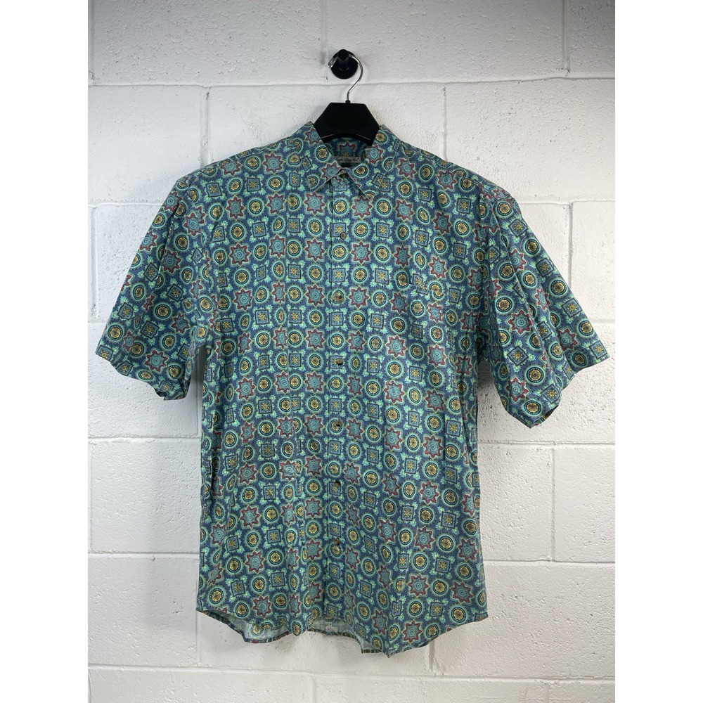 Bugle Boy Co Mens Vintage Medallion Print Short Sleeve Button Down Shirt Green L